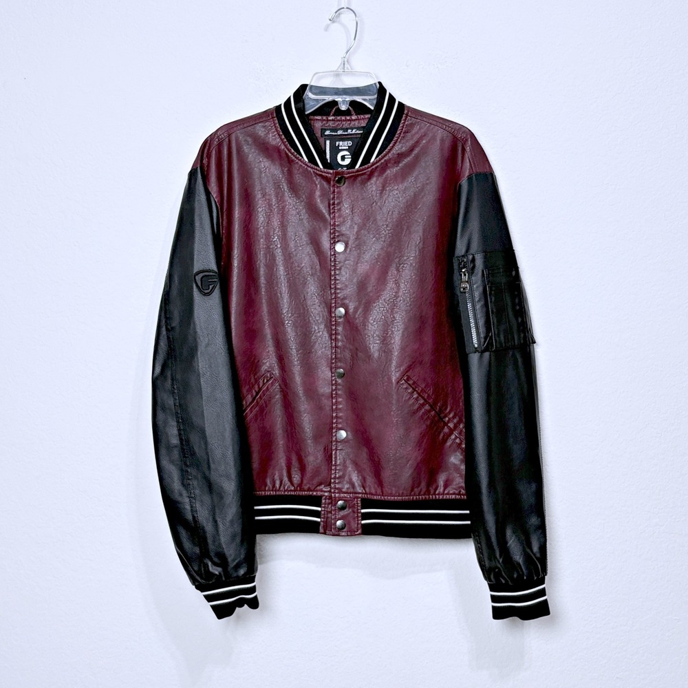 Fried Denim Faux Leather Varsity Bomber Jacket Urban Streetwear Burgundy Men XL